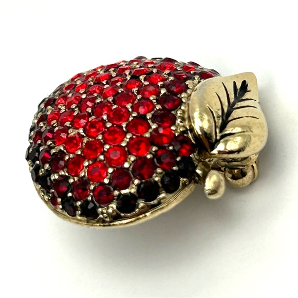 Vintage Monet Red Rhinestone Antique Gold Apple Pin Brooch Teachers Gift - Picture 3 of 15